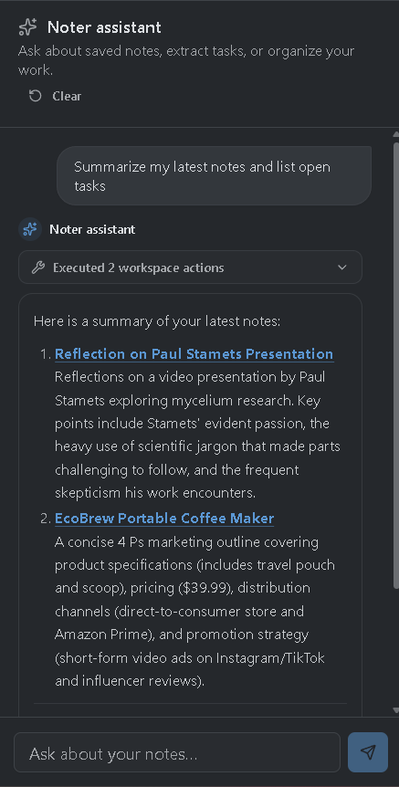 Actual Noter.ai assistant response: a summary of two saved notes with links to the original notes.