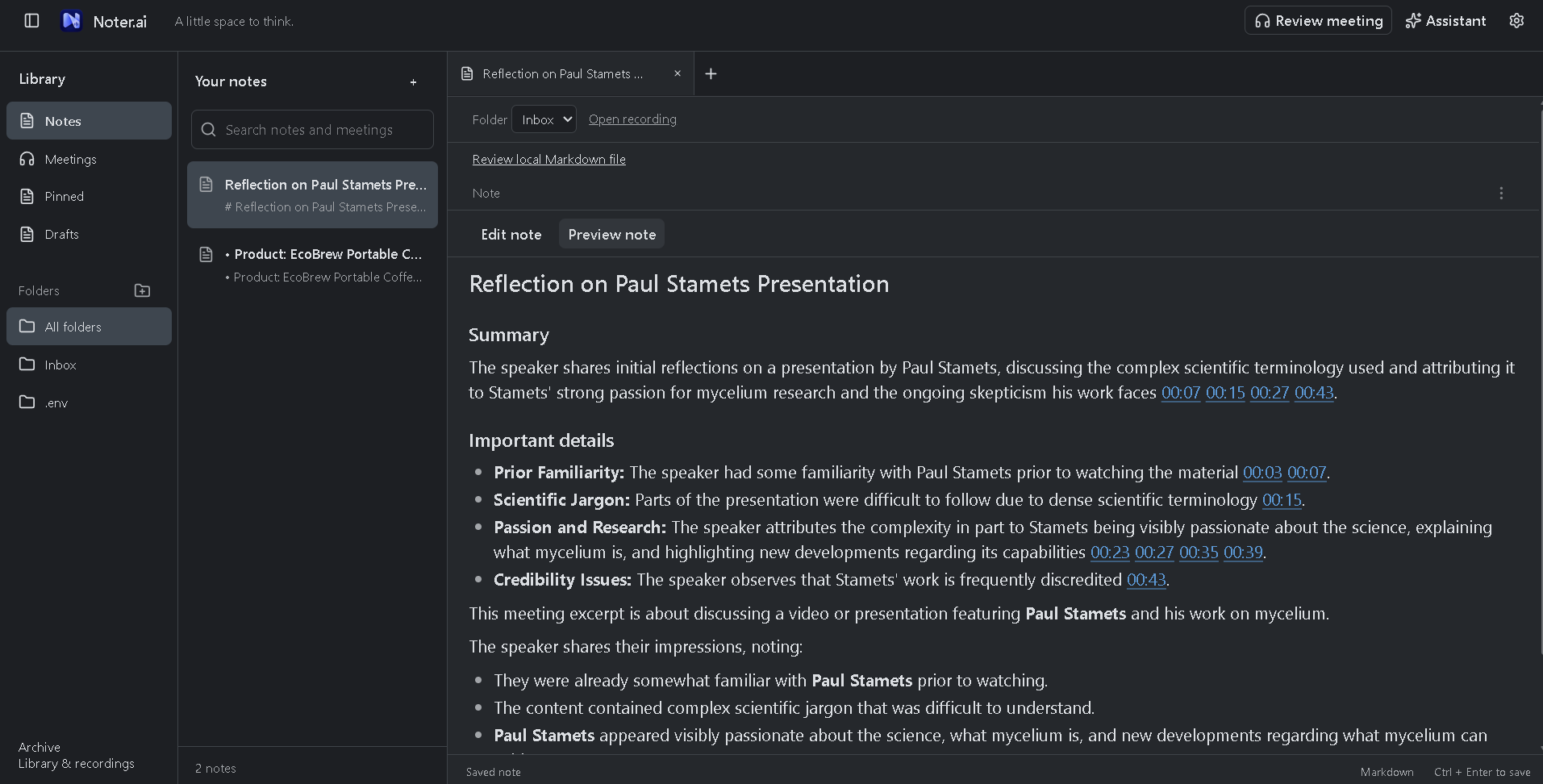 Noter.ai's actual notebook: folders and notes beside an organized summary with important details and clickable timestamps.